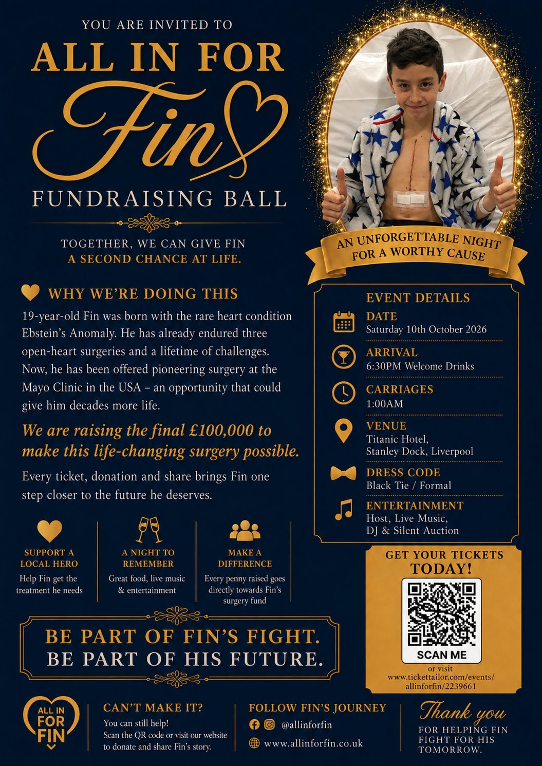 All in for Fin Fundraising Ball invitation poster: Saturday 10 October 2026 at the Titanic Hotel, Stanley Dock, Liverpool. Welcome drinks 6:30pm, carriages 1am, black tie. Scan the QR code or visit tickettailor.com to get tickets