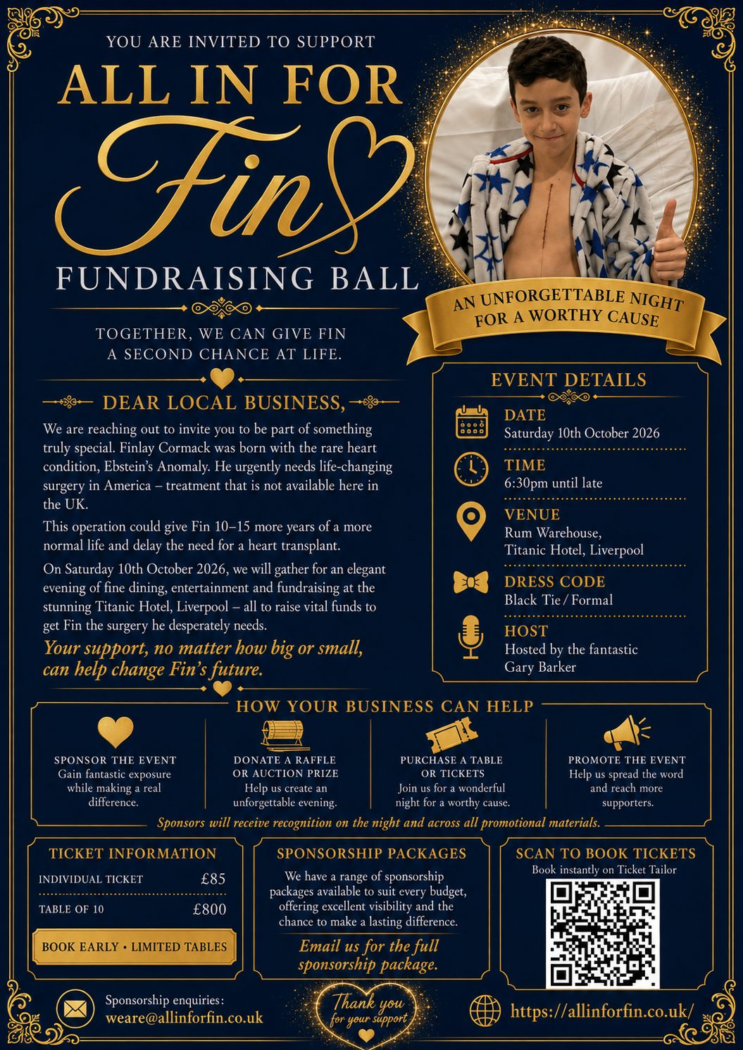 All in for Fin Fundraising Ball 2026 sponsorship poster: event details, sponsorship packages, tickets and contact