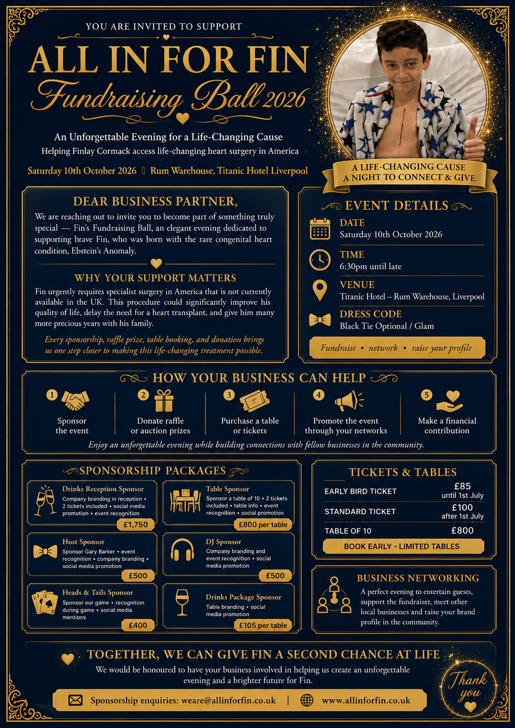 All in for Fin Fundraising Ball 2026 sponsorship poster: event details, sponsorship packages, tickets and contact