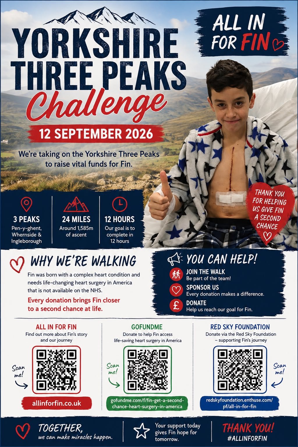 Yorkshire Three Peaks Challenge poster: Saturday 12 September 2026. All in for Fin. 3 peaks (Pen-y-ghent, Whernside and Ingleborough), 24 miles, around 1,585m of ascent, 12 hour goal. Join the walk, sponsor us, or donate via allinforfin.co.uk, GoFundMe or Red Sky Foundation