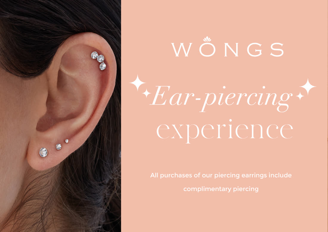 Close-up of a diamond ear-piercing set, part of the Wongs ear-piercing experience
